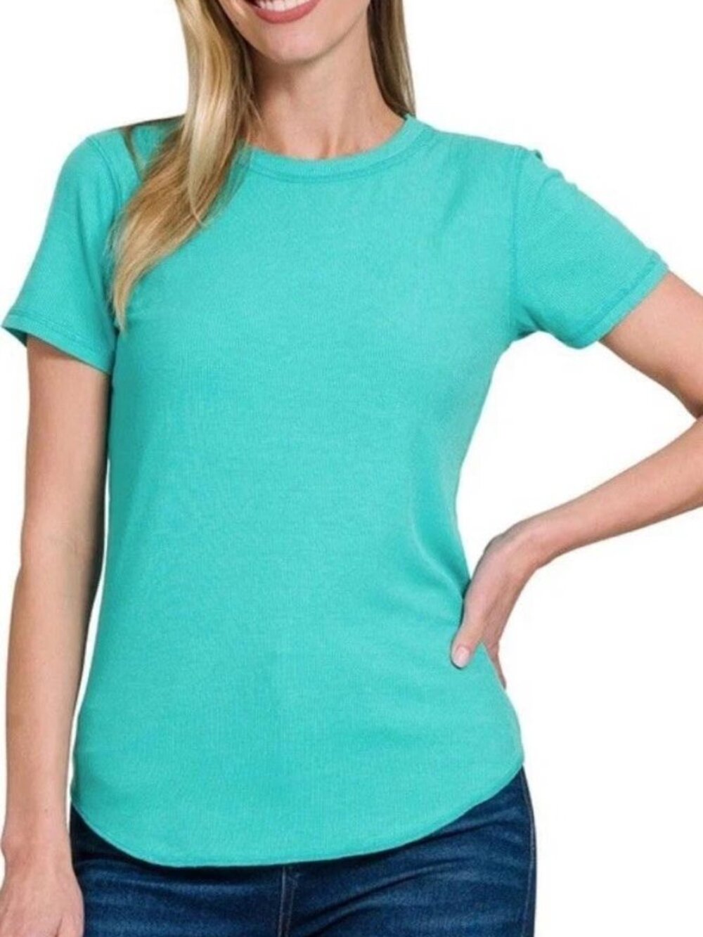 Womens Zenana Ribbed Fitted Tshirt, Size Large, Turquoise